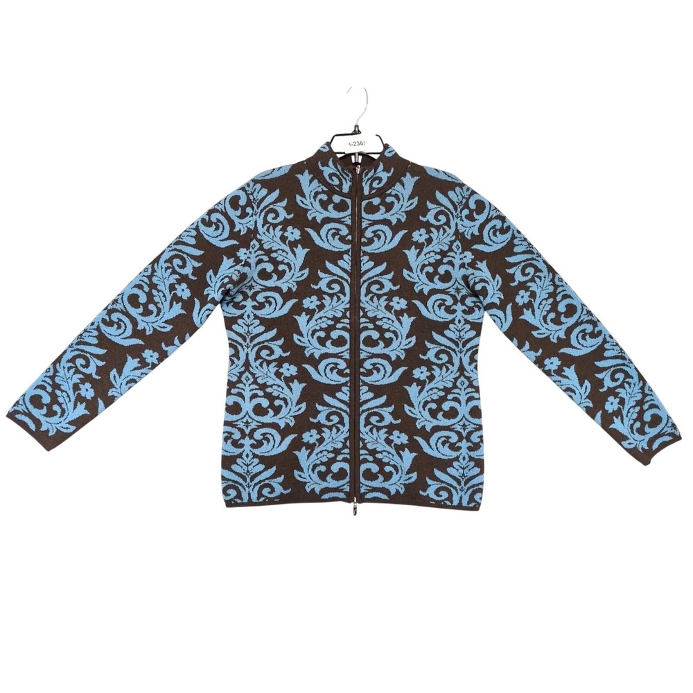 Neve Designs 100% Wool Full Zip Sweater Womens L Brown Blue Damask Old Money Y2K